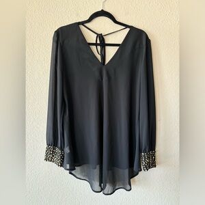Depri black sheer blouse with‎ sleeves accented in gold L